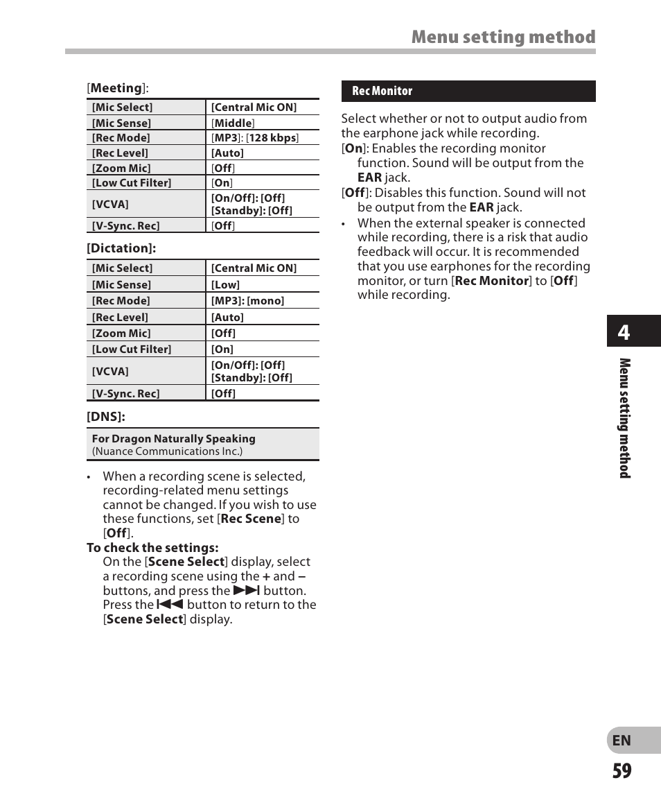 Menu setting method, En menu setting method | Olympus DM-650 User Manual | Page 59 / 113