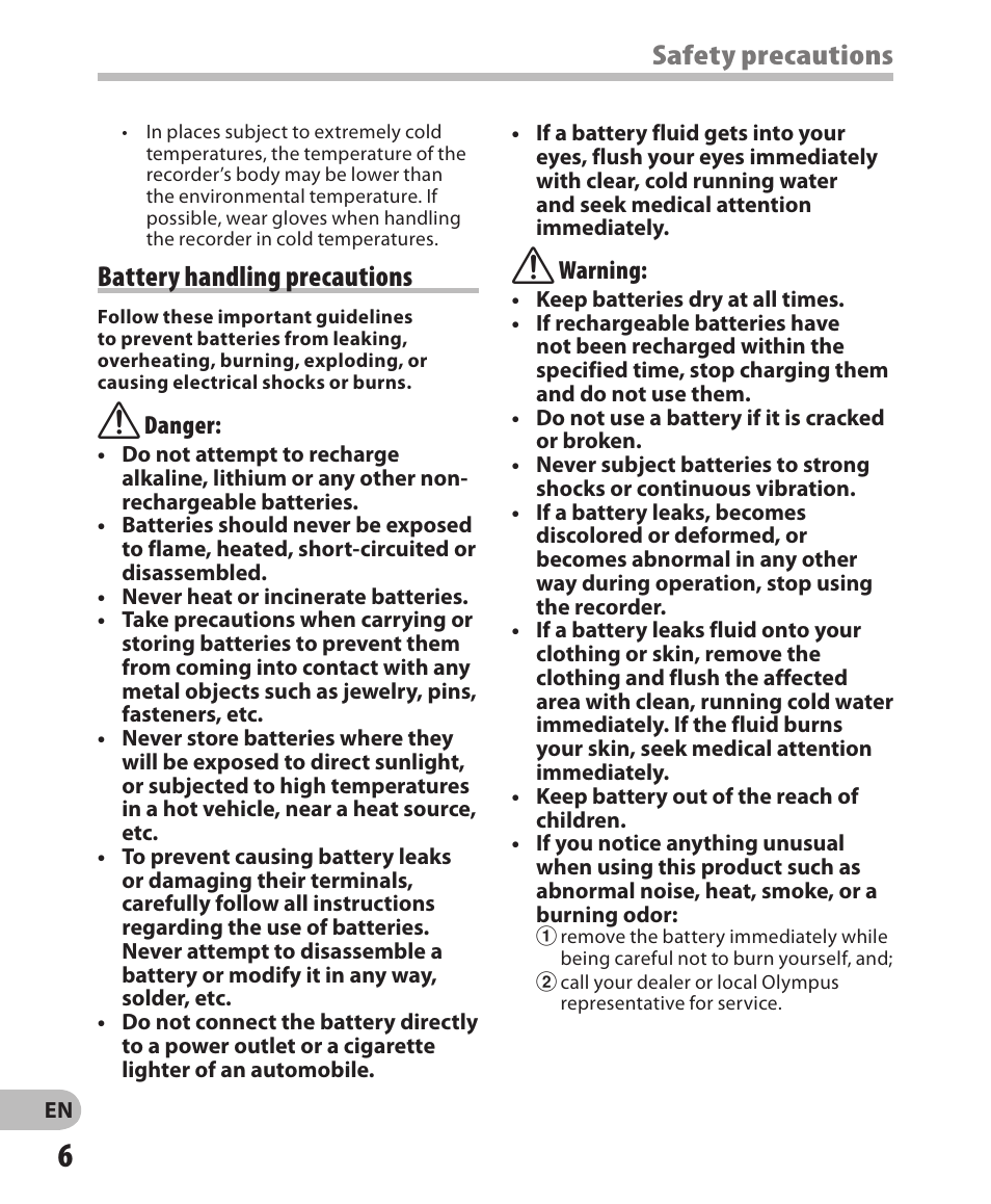 Safety precautions, Battery handling precautions | Olympus DM-650 User Manual | Page 6 / 113