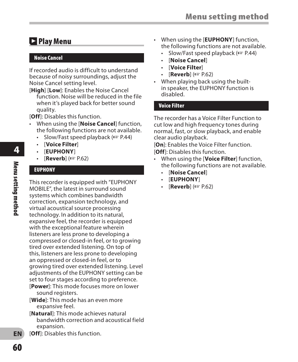 Menu setting method, Play menu | Olympus DM-650 User Manual | Page 60 / 113