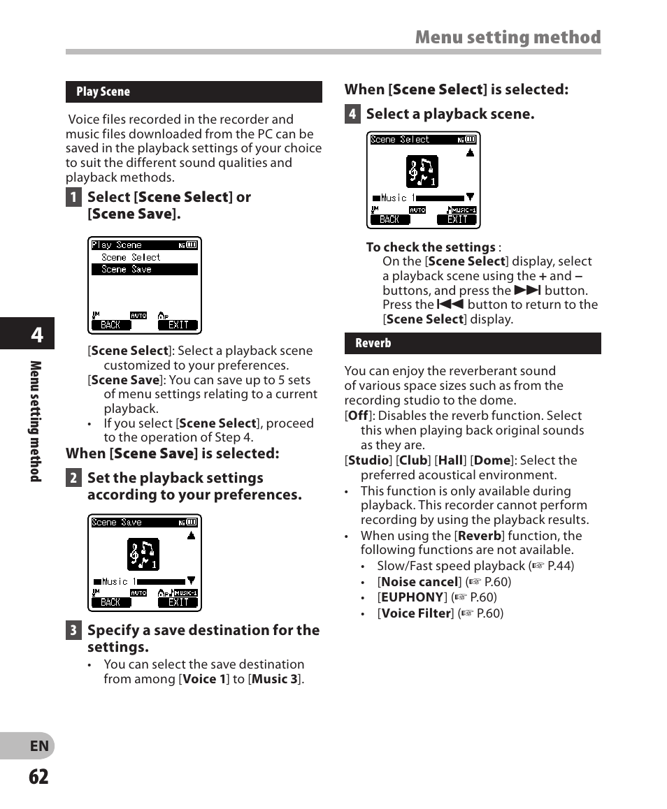 Menu setting method | Olympus DM-650 User Manual | Page 62 / 113