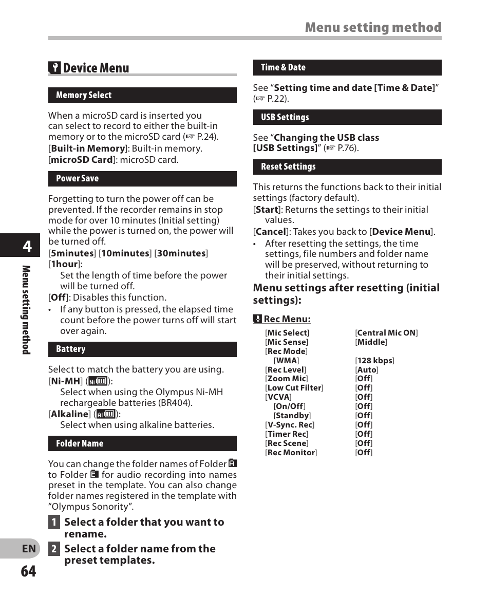 Menu setting method, Device menu | Olympus DM-650 User Manual | Page 64 / 113