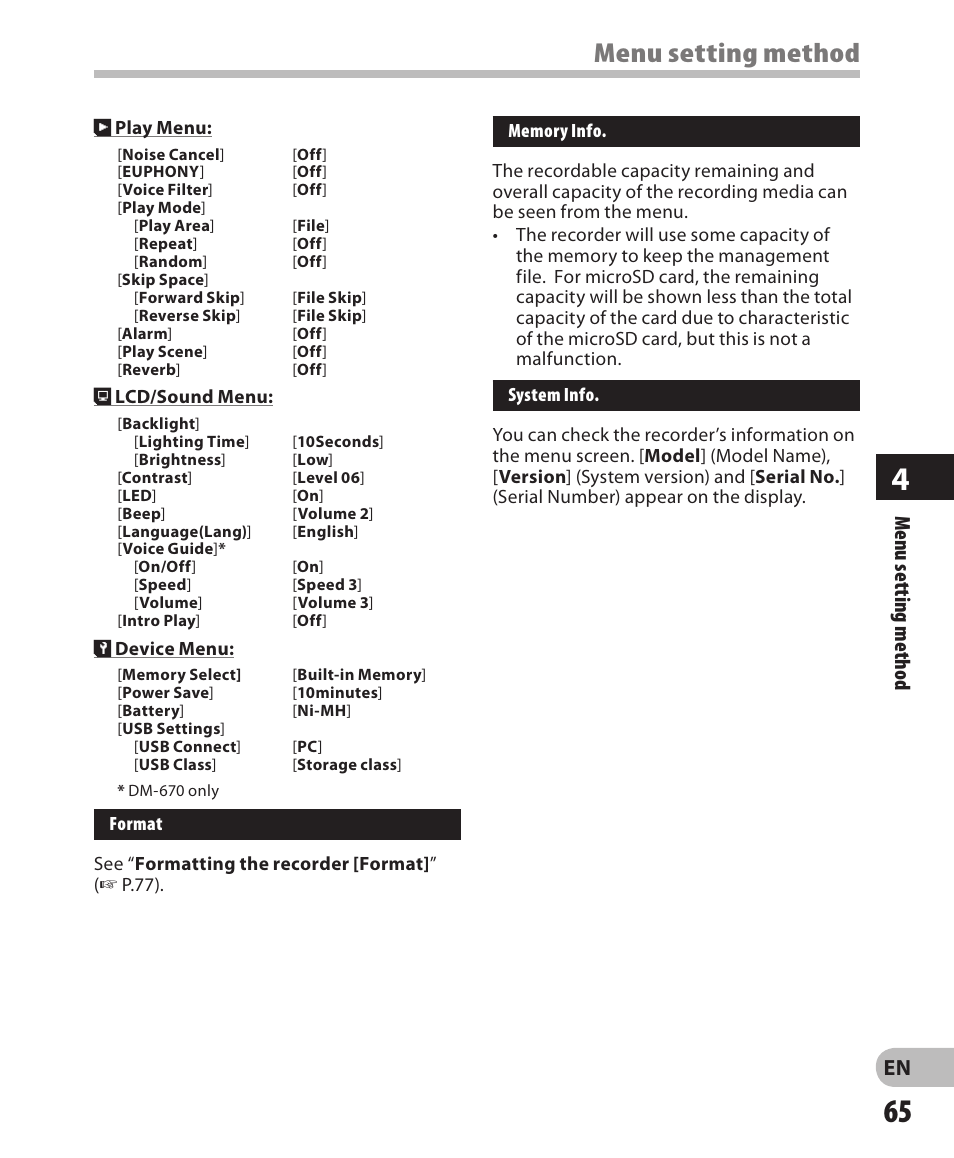 Menu setting method, En menu setting method | Olympus DM-650 User Manual | Page 65 / 113