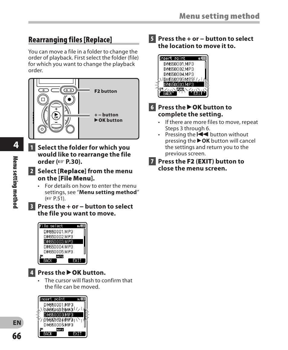 Menu setting method, Rearranging files [replace | Olympus DM-650 User Manual | Page 66 / 113