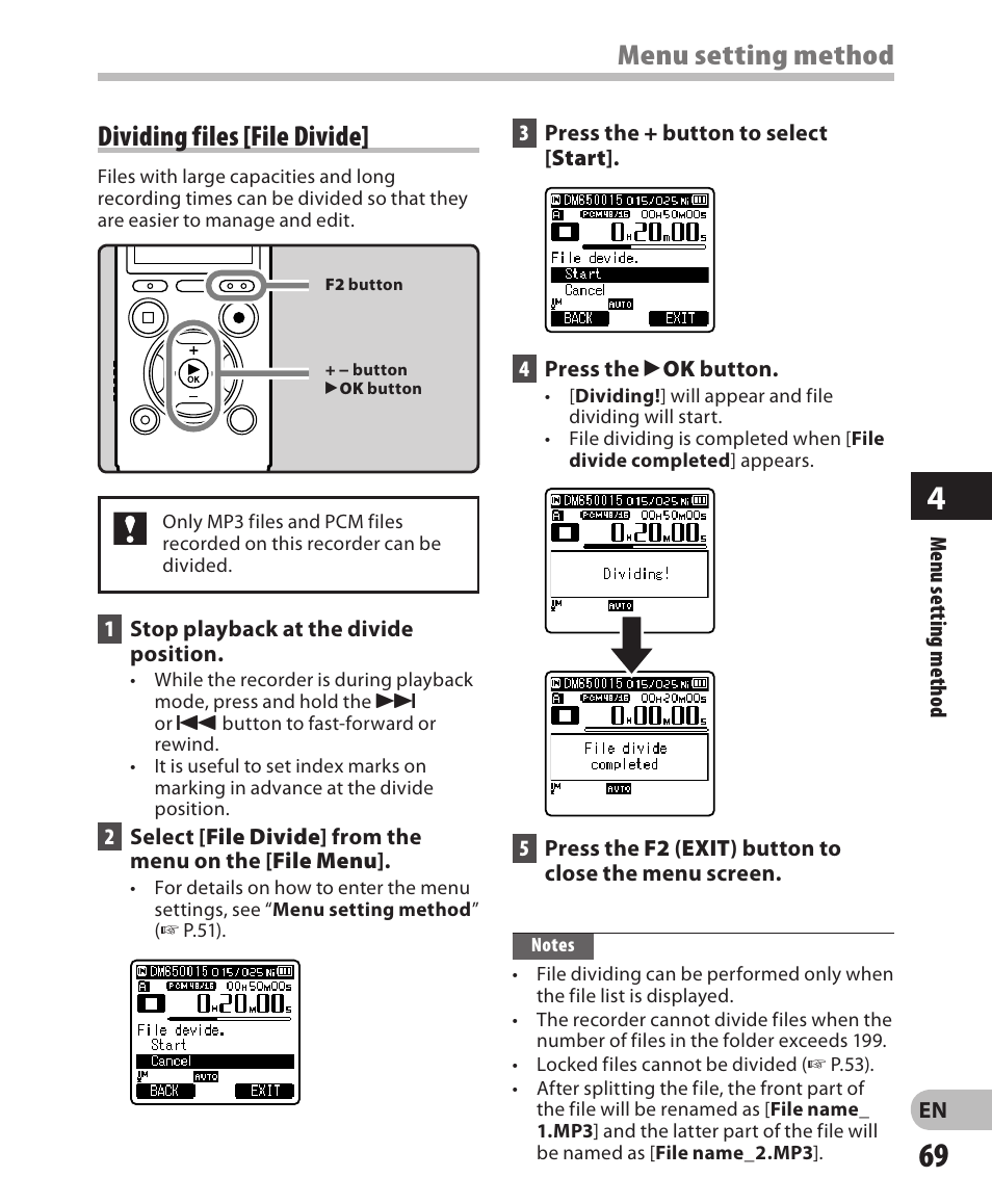 Menu setting method dividing files [file divide | Olympus DM-650 User Manual | Page 69 / 113