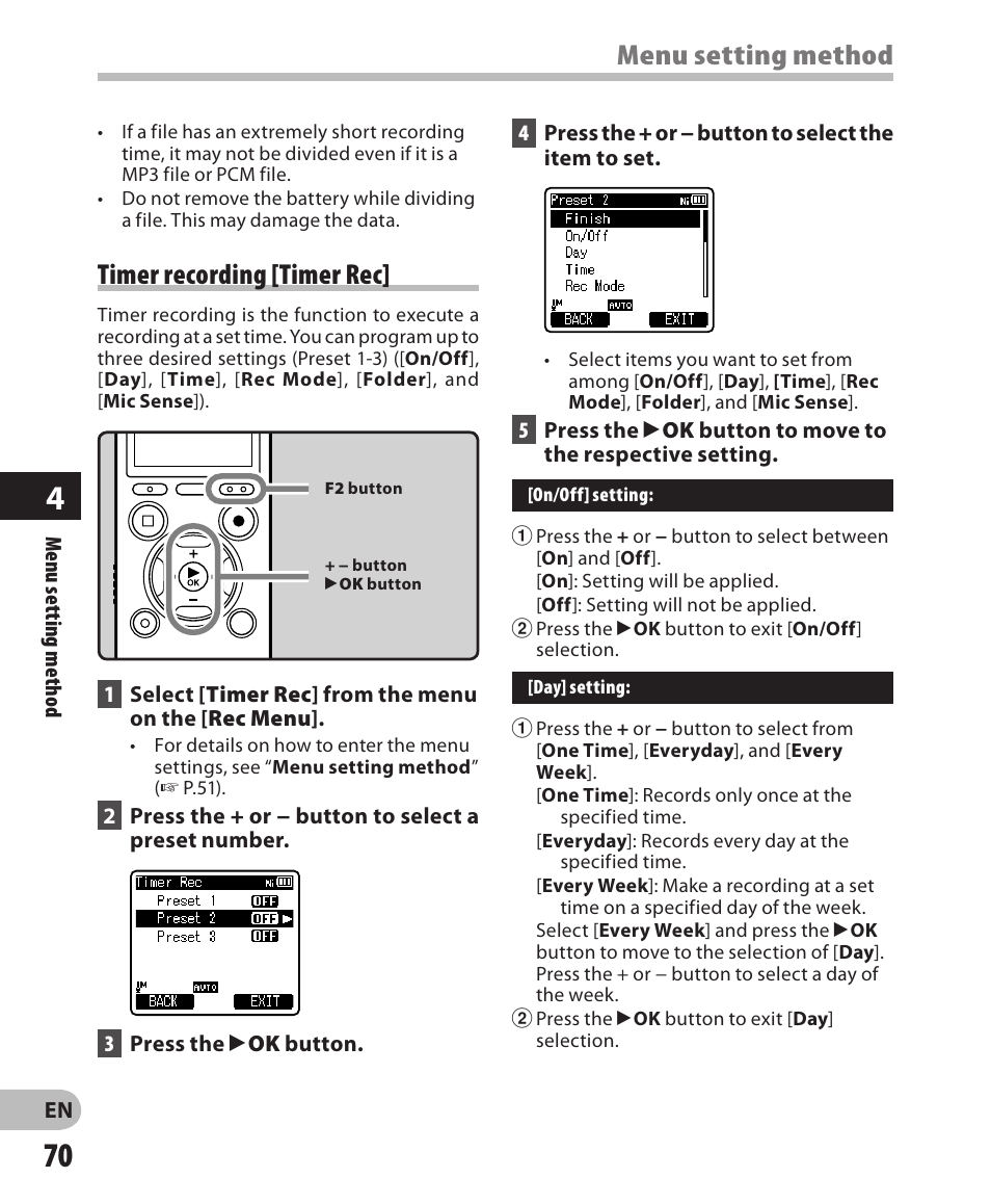 Menu setting method, Timer recording [timer rec | Olympus DM-650 User Manual | Page 70 / 113