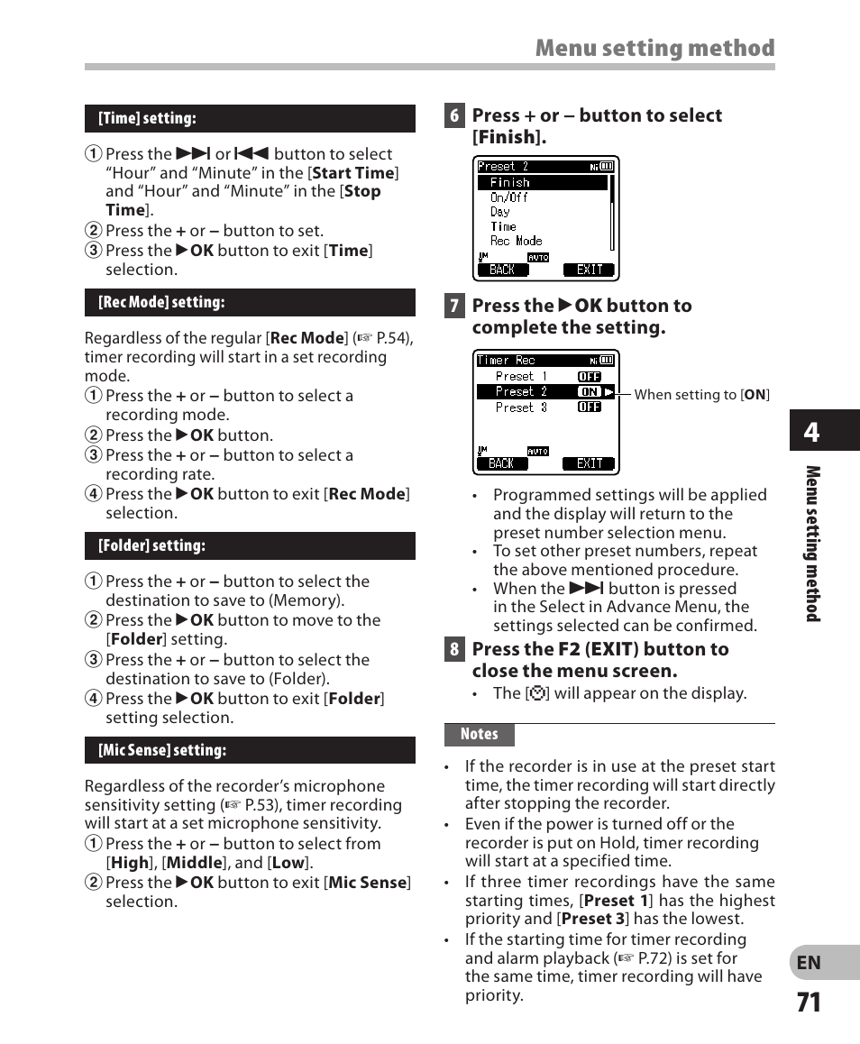 Menu setting method | Olympus DM-650 User Manual | Page 71 / 113
