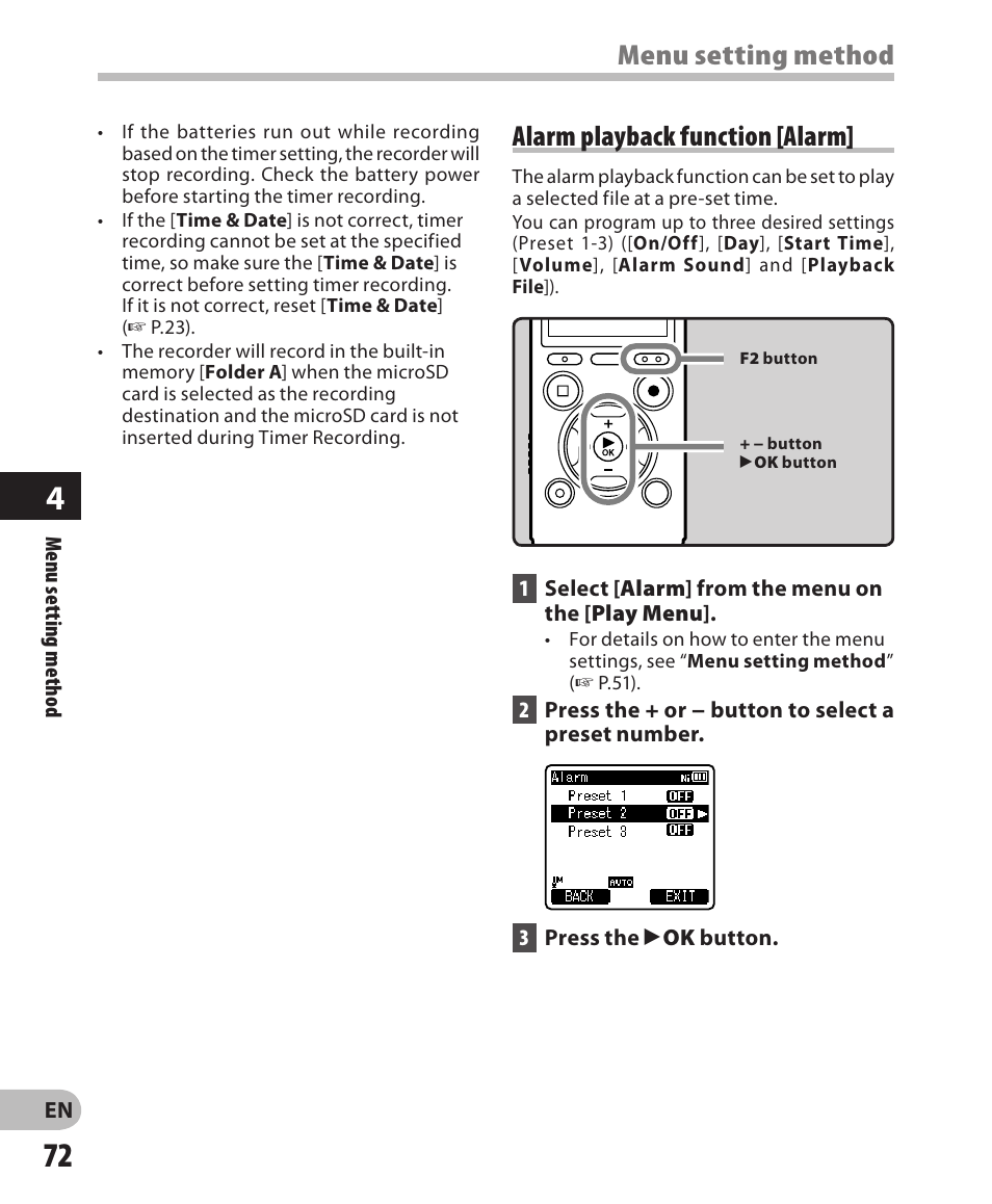 Menu setting method, Alarm playback function [alarm | Olympus DM-650 User Manual | Page 72 / 113