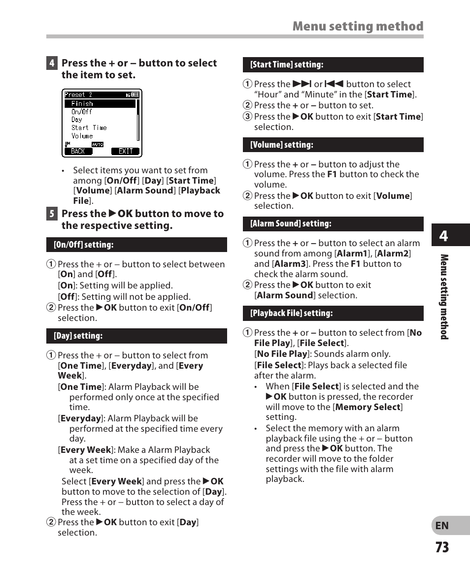 Menu setting method | Olympus DM-650 User Manual | Page 73 / 113