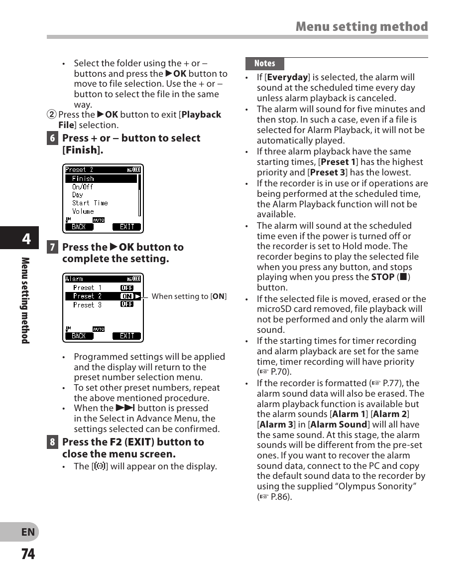 Menu setting method | Olympus DM-650 User Manual | Page 74 / 113