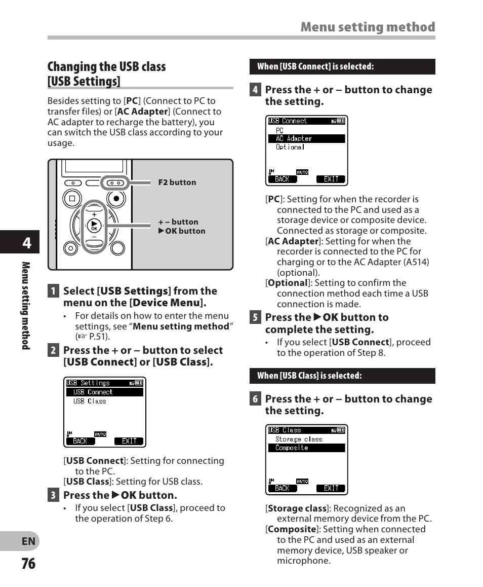 Menu setting method, Changing the usb class [usb settings | Olympus DM-650 User Manual | Page 76 / 113
