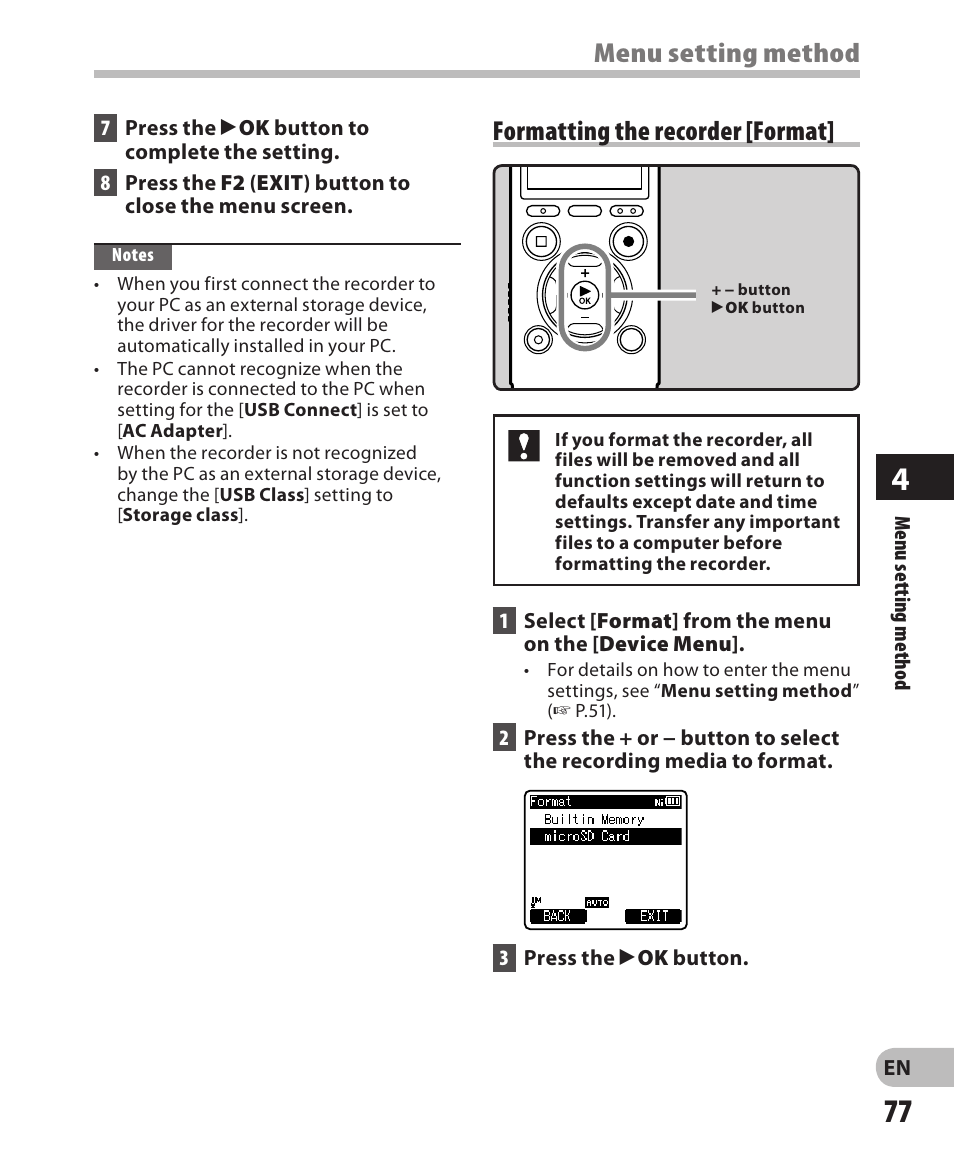 Menu setting method, Formatting the recorder [format | Olympus DM-650 User Manual | Page 77 / 113