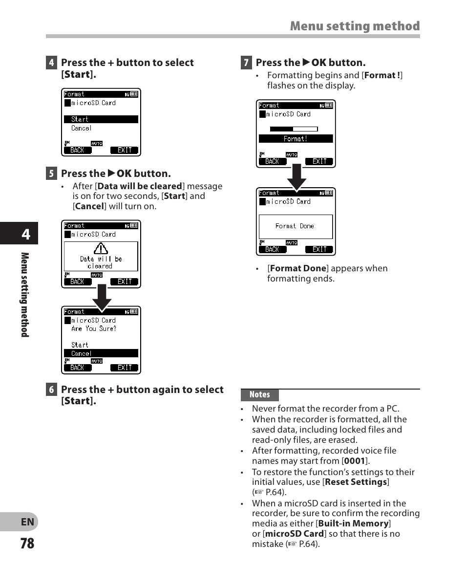 Menu setting method | Olympus DM-650 User Manual | Page 78 / 113