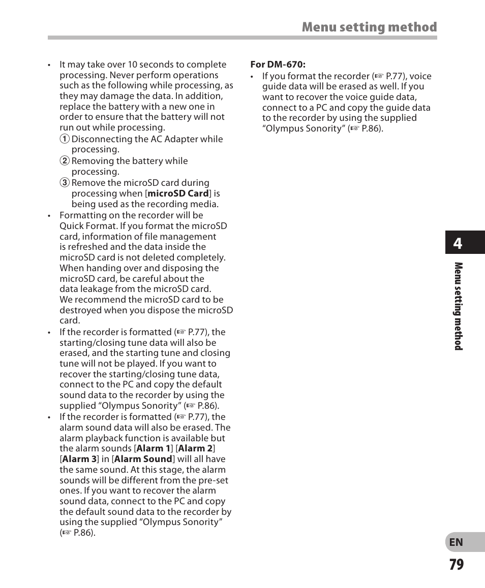 Menu setting method | Olympus DM-650 User Manual | Page 79 / 113