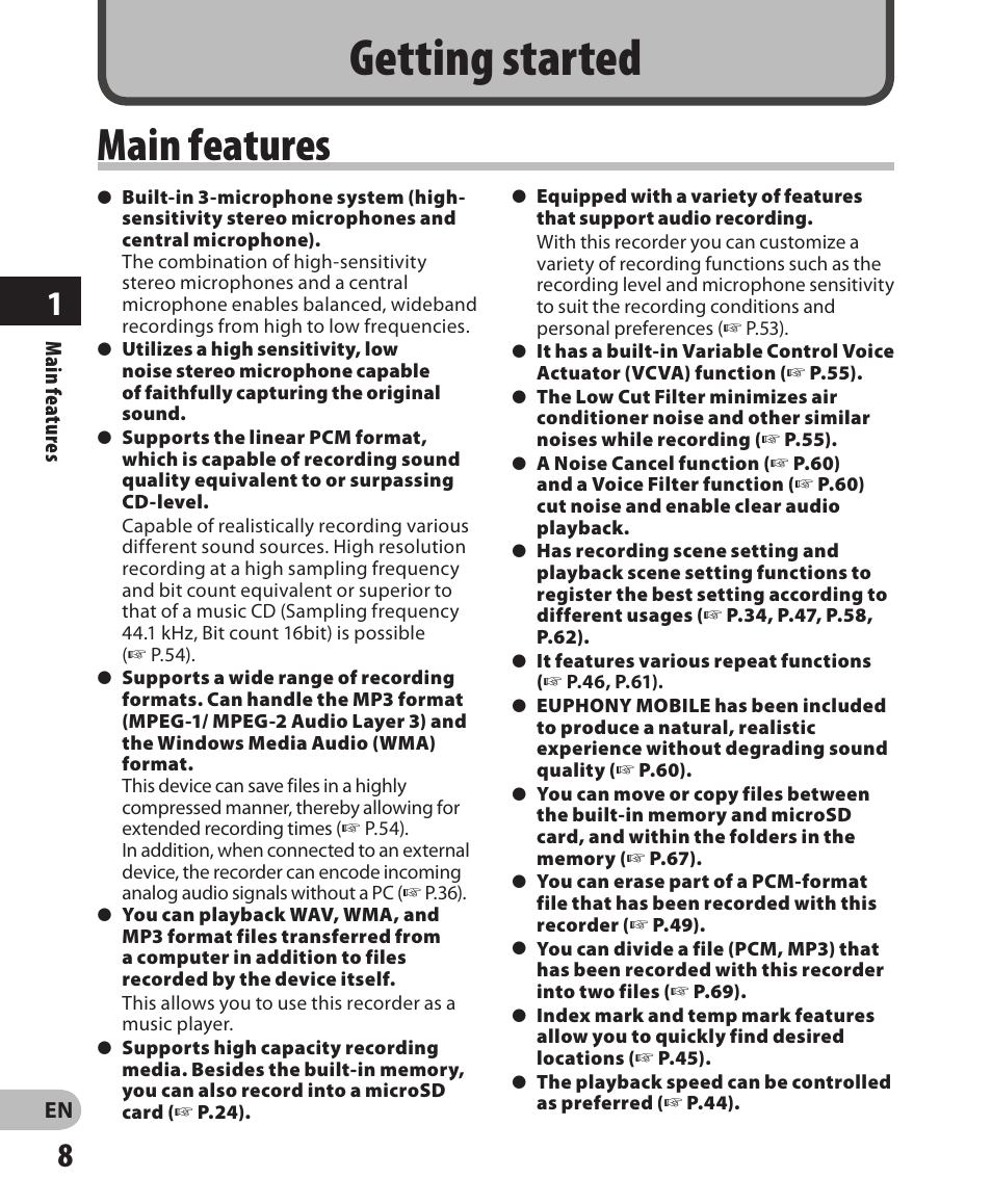 Getting started, Main features | Olympus DM-650 User Manual | Page 8 / 113