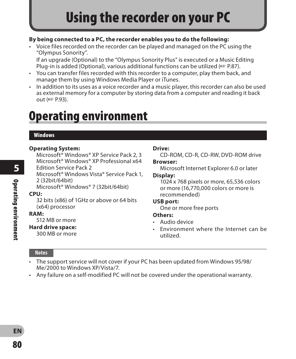 Using the recorder on your pc, Operating environment | Olympus DM-650 User Manual | Page 80 / 113