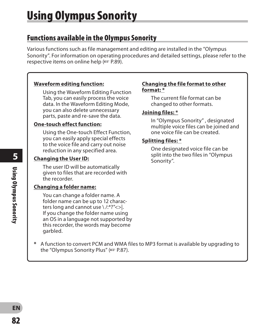 Using olympus sonority, Functions available in the olympus sonority | Olympus DM-650 User Manual | Page 82 / 113