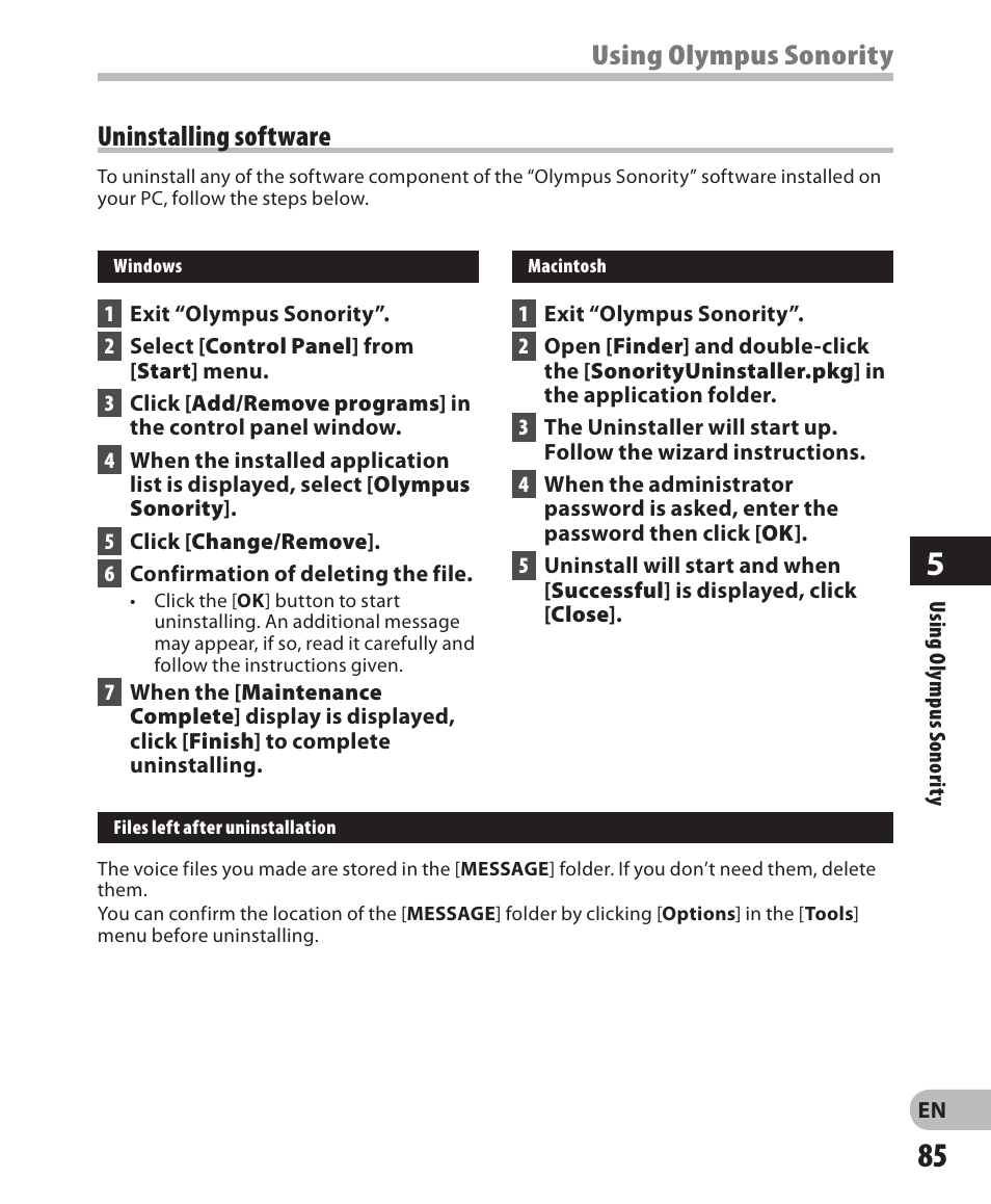 Using olympus sonority uninstalling software | Olympus DM-650 User Manual | Page 85 / 113