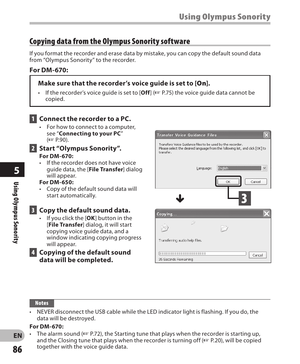 Using olympus sonority, Copying data from the olympus sonority software | Olympus DM-650 User Manual | Page 86 / 113