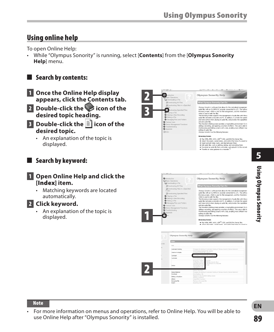 Using olympus sonority, Using online help | Olympus DM-650 User Manual | Page 89 / 113