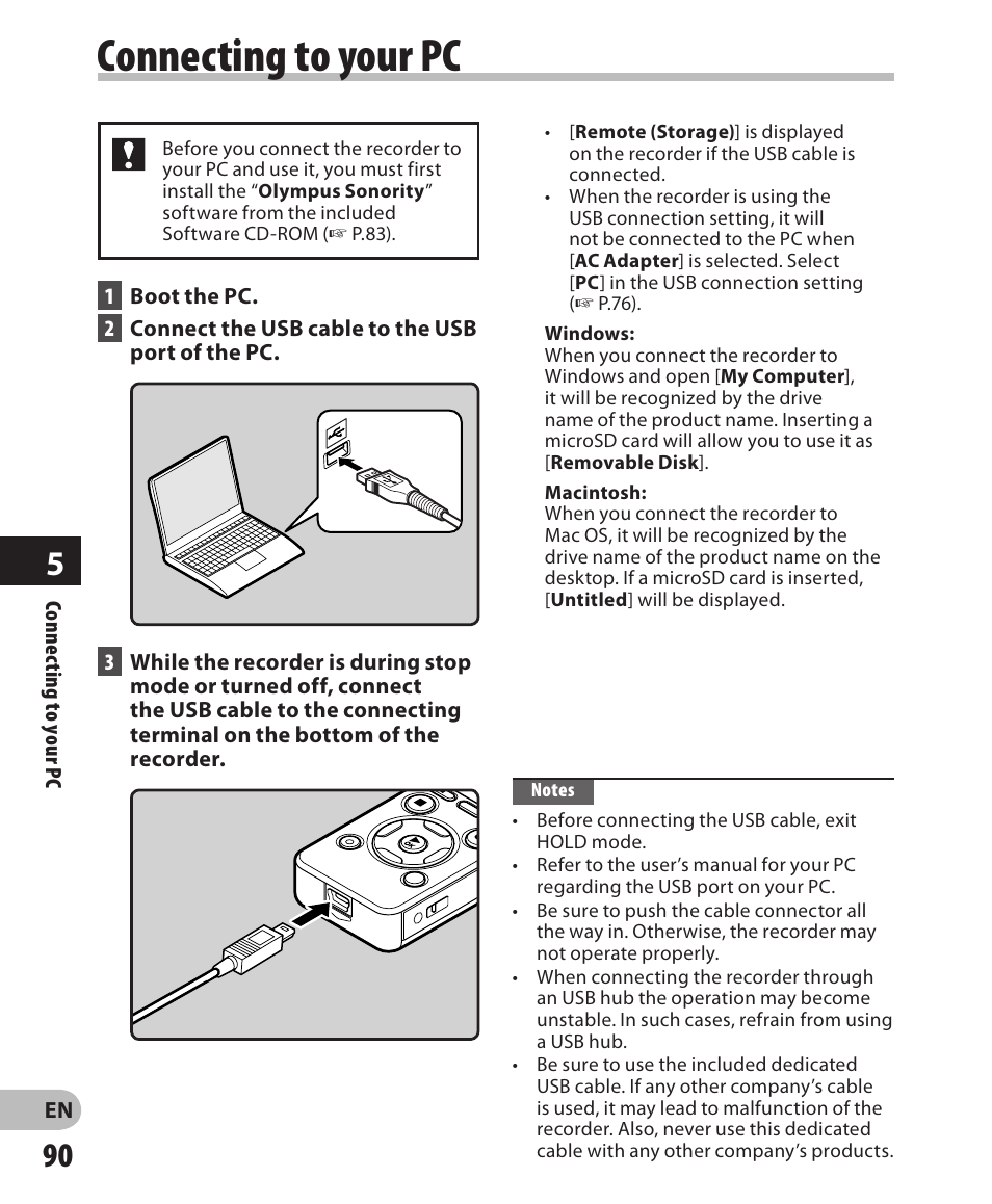 Connecting to your pc | Olympus DM-650 User Manual | Page 90 / 113