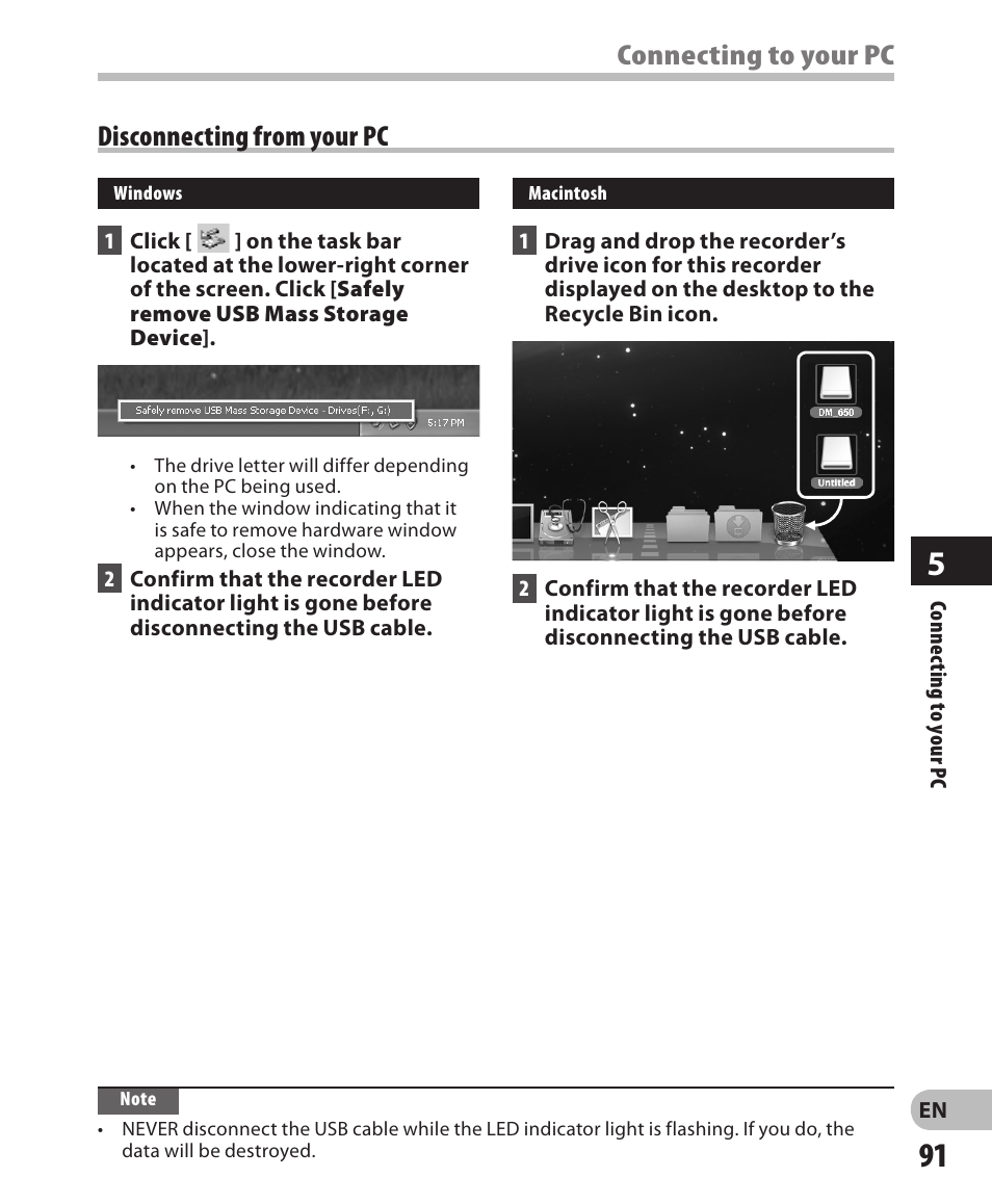 Connecting to your pc disconnecting from your pc | Olympus DM-650 User Manual | Page 91 / 113