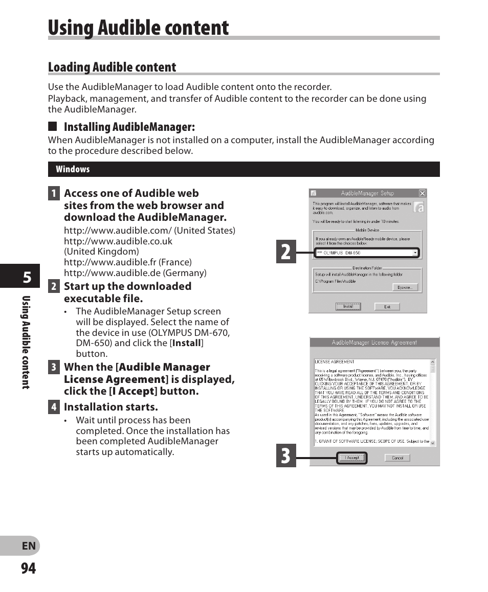 Using audible content | Olympus DM-650 User Manual | Page 94 / 113