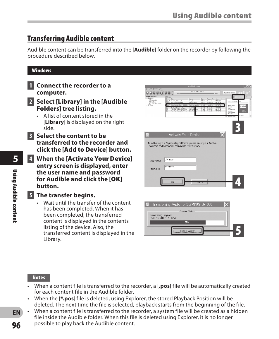 Using audible content transferring audible content | Olympus DM-650 User Manual | Page 96 / 113