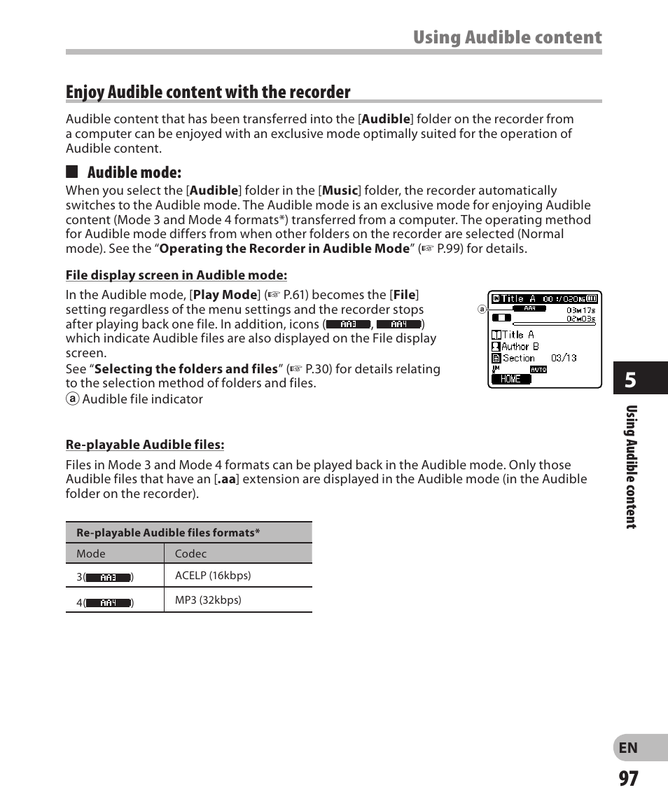 Using audible content, Enjoy audible content with the recorder, 4 audible mode | Olympus DM-650 User Manual | Page 97 / 113