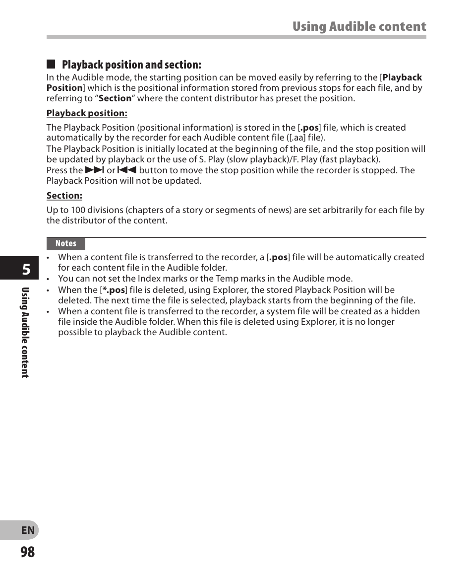 Using audible content | Olympus DM-650 User Manual | Page 98 / 113