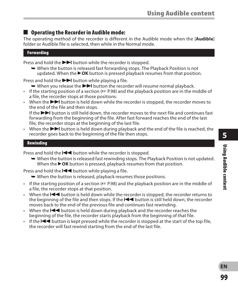 Using audible content, 4 operating the recorder in audible mode | Olympus DM-650 User Manual | Page 99 / 113