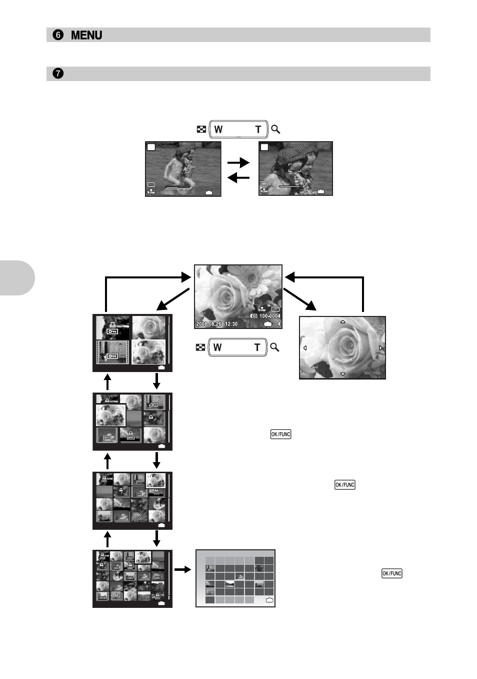 Displays the top menu, Zooming while shooting/close-up playback, But ton operat ions | 7 zoom button, Zoom out: press, On the zoom button. zoom in: press, On the zoom button. optical zoom ratio: 5, Close-up playback • press | Olympus 840 User Manual | Page 16 / 79