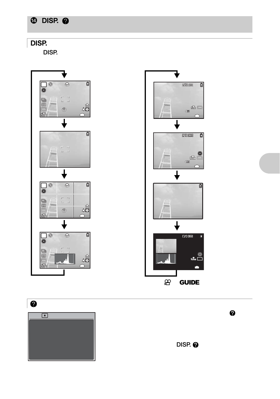 Changing the information displays, Displaying the menu guide, But ton op erat ion s | Dg / e button, Shooting mode, Playback mode, Checking the time, Frame assist, Simple display, Normal display | Olympus 840 User Manual | Page 19 / 79