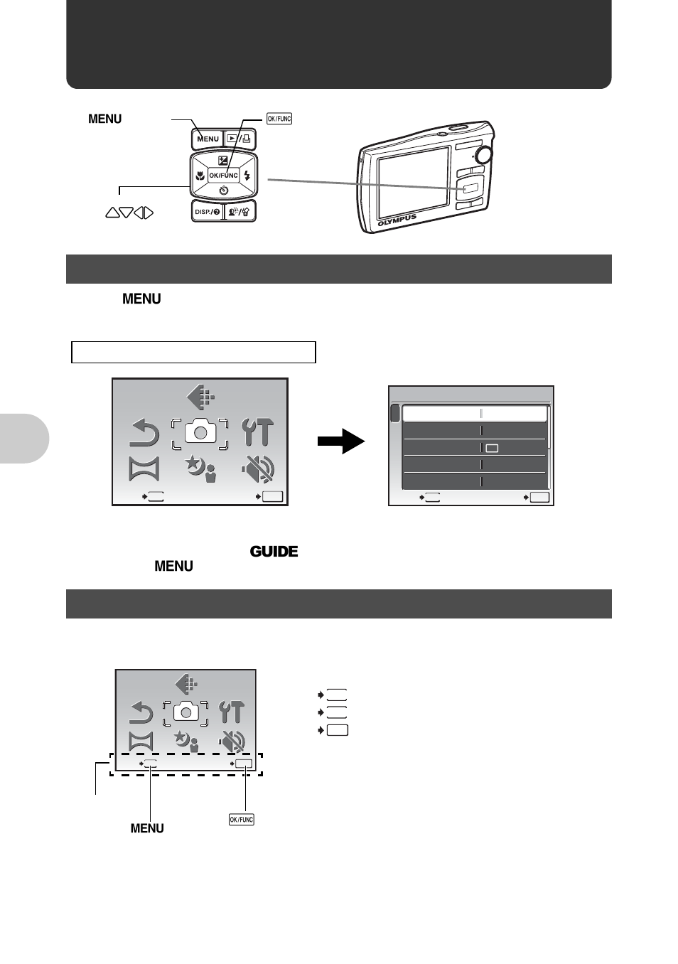 Menu operations, About the menus, Operation guide | P.20, About the menus operation guide, Men u operat io ns, Top menu (in still picture shooting mode) | Olympus 840 User Manual | Page 20 / 79