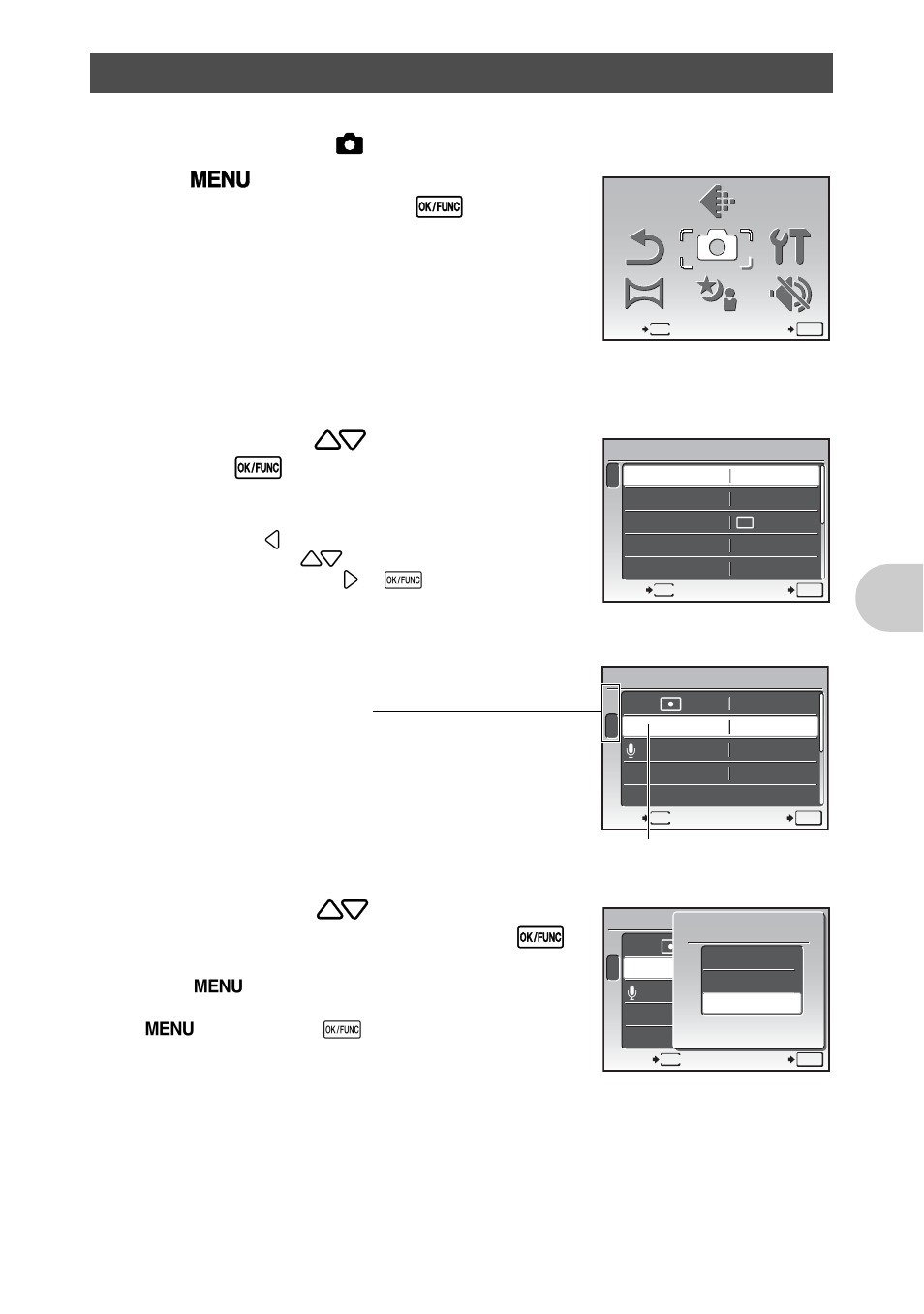Using the menus, Men u operat ions, Set the mode dial to k | Olympus 840 User Manual | Page 21 / 79