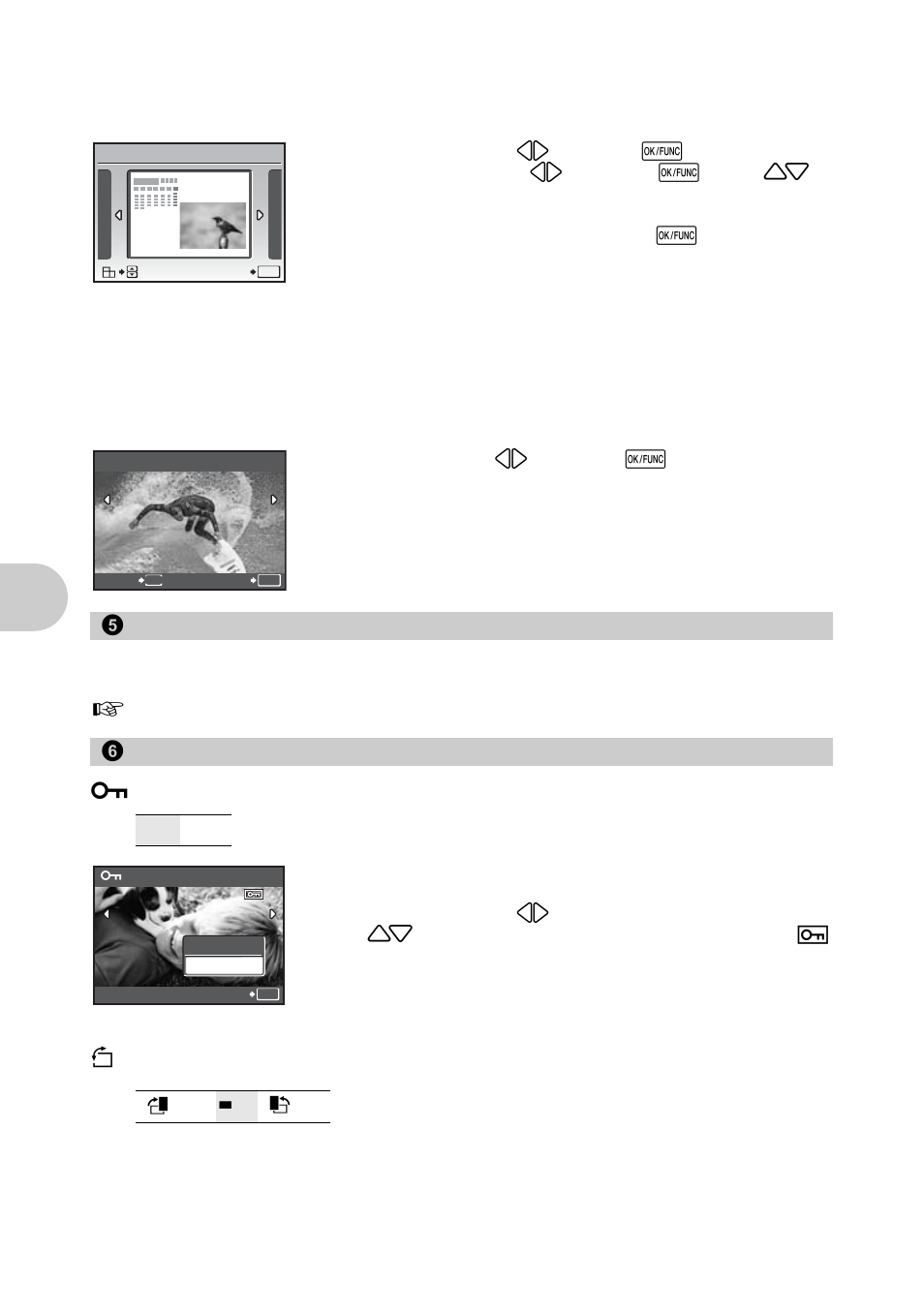Create a calendar print with a picture, Making an index picture from a movie, Making print reservations (dpof) | Playback menu, Protecting pictures, Rotating pictures, G “0 protecting pictures” (p.32), Men u operat io ns, Calendar, Index | Olympus 840 User Manual | Page 32 / 79