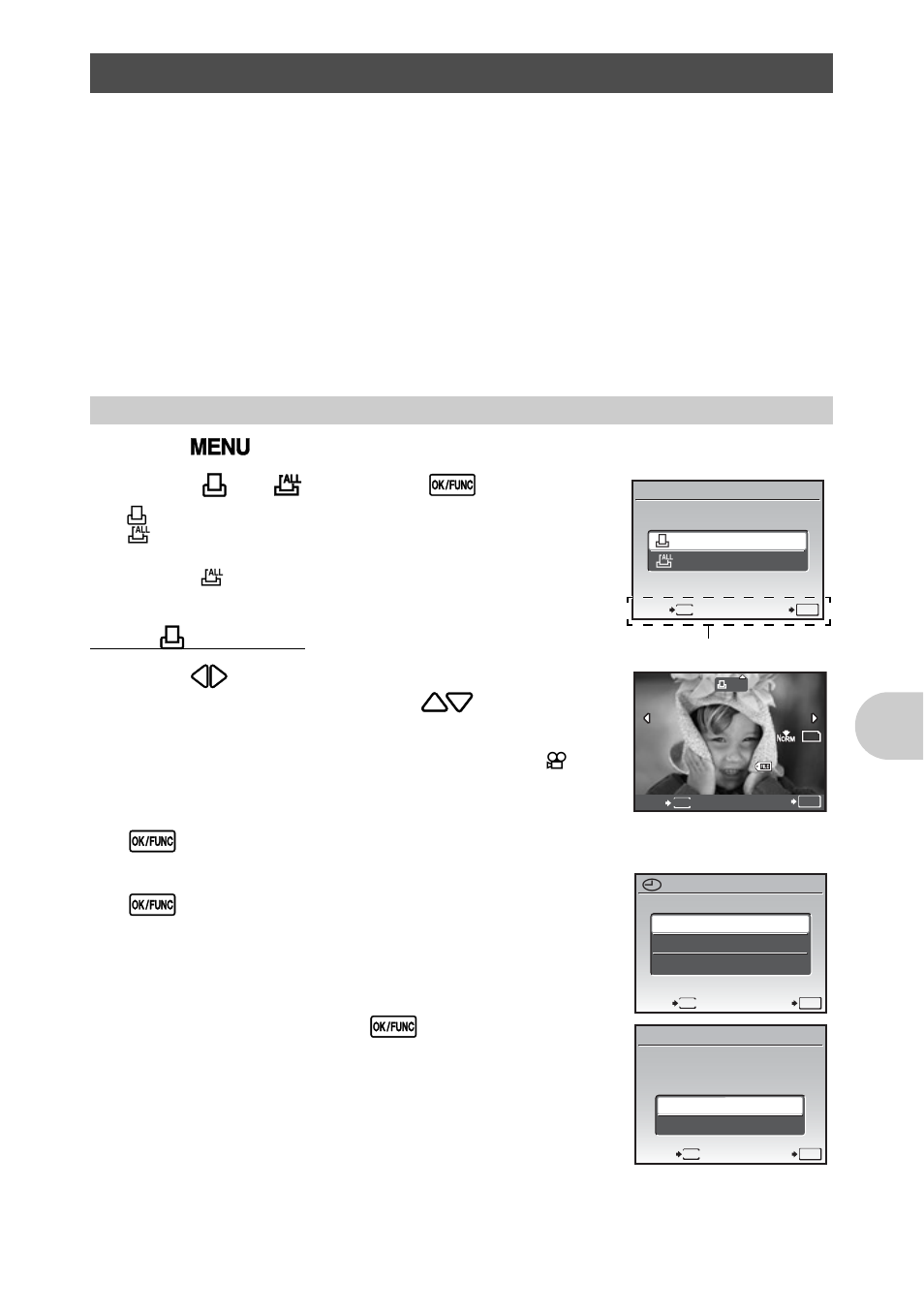 Print settings (dpof), Making a print reservation, G“print settings (dpof)” (p.43) | Pri nt ing p ict ures, Press m in playback mode and select [print order, Select [ p ] or [ u ], and press e, When [ p ] is selected, When you finish making print reservations, press e, Select [set], and press e | Olympus 840 User Manual | Page 43 / 79