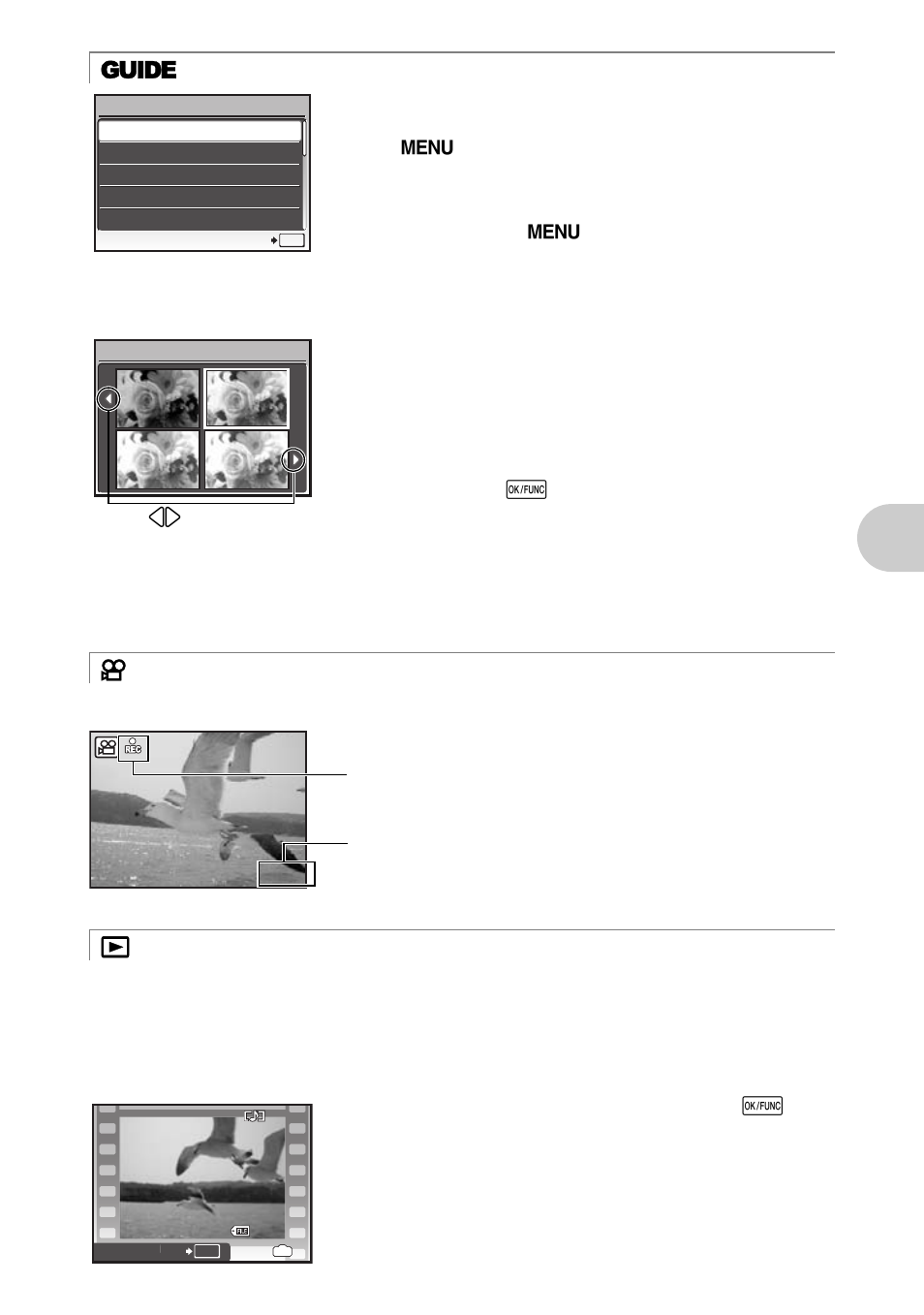 Follow the shooting guide to take better pictures, Recording movies, Viewing pictures/selecting playback mode | But ton op erat ion s | Olympus 1020 User Manual | Page 13 / 78