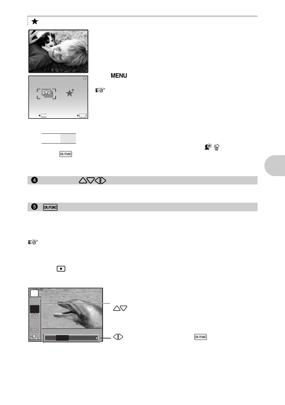 Viewing “my favorite, Arrow pad, Ok/func button | But ton op erat ion s, Erasing pictures from “my favorite, The functions you can set with the function menu, P viewing “my favorite | Olympus 1020 User Manual | Page 15 / 78