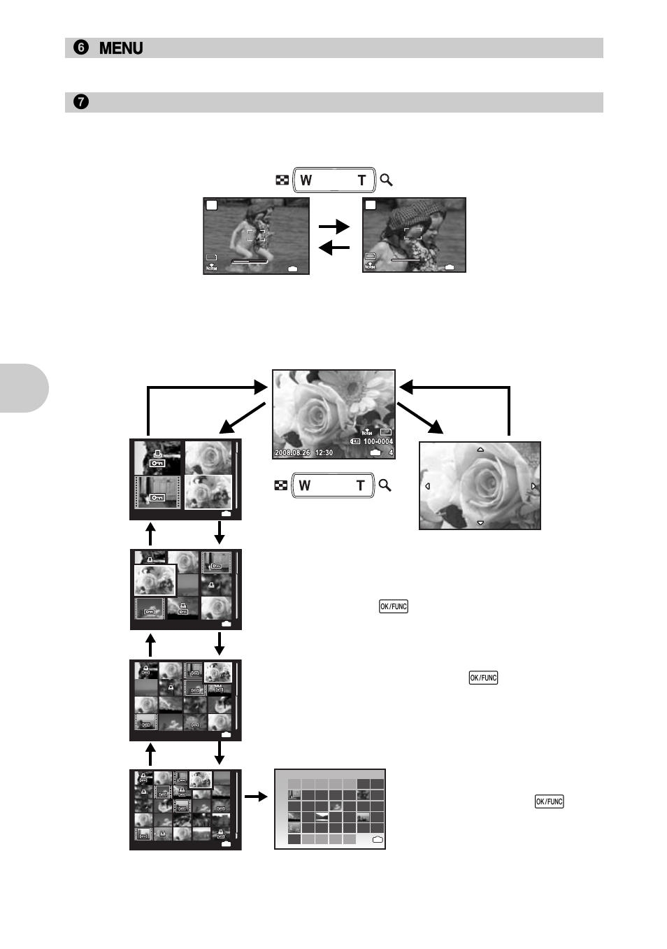 Displays the top menu, Zooming while shooting/close-up playback, But ton operat ions | 7zoom button, Zoom out: press, On the zoom button. zoom in: press, On the zoom button. optical zoom ratio: 7, Close-up playback • press | Olympus 1020 User Manual | Page 16 / 78