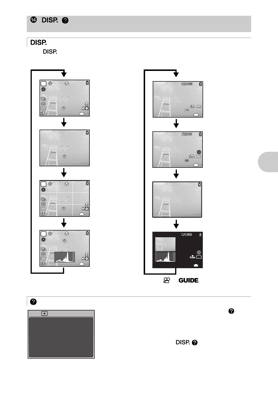 Changing the information displays, Displaying the menu guide, But ton op erat ion s | Dg / e button, Shooting mode, Playback mode, Checking the time, Frame assist, Simple display, Normal display | Olympus 1020 User Manual | Page 19 / 78