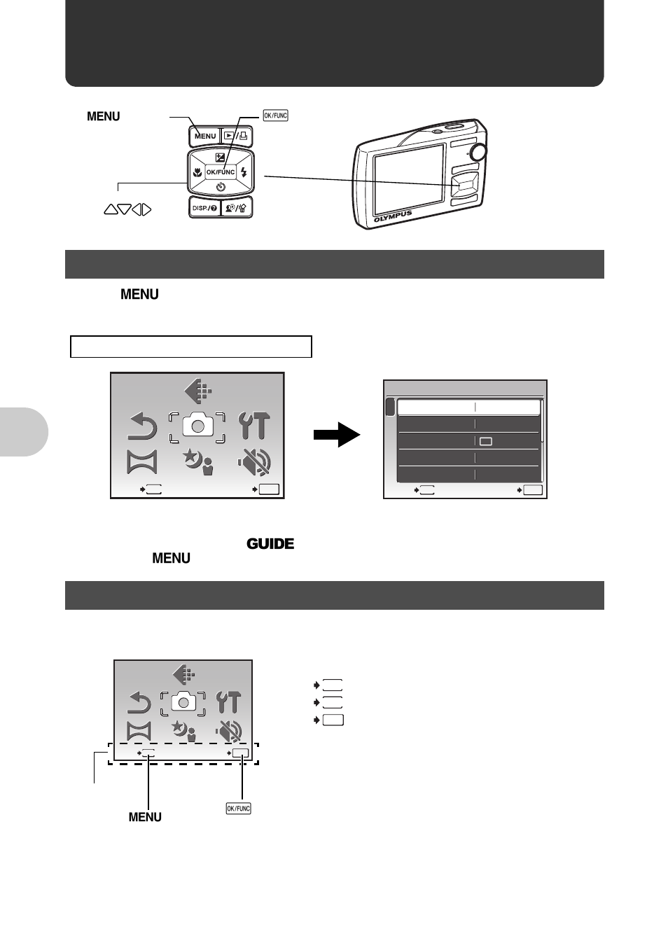 Menu operations, About the menus, Operation guide | P.20, About the menus operation guide, Men u operat io ns, Top menu (in still picture shooting mode) | Olympus 1020 User Manual | Page 20 / 78