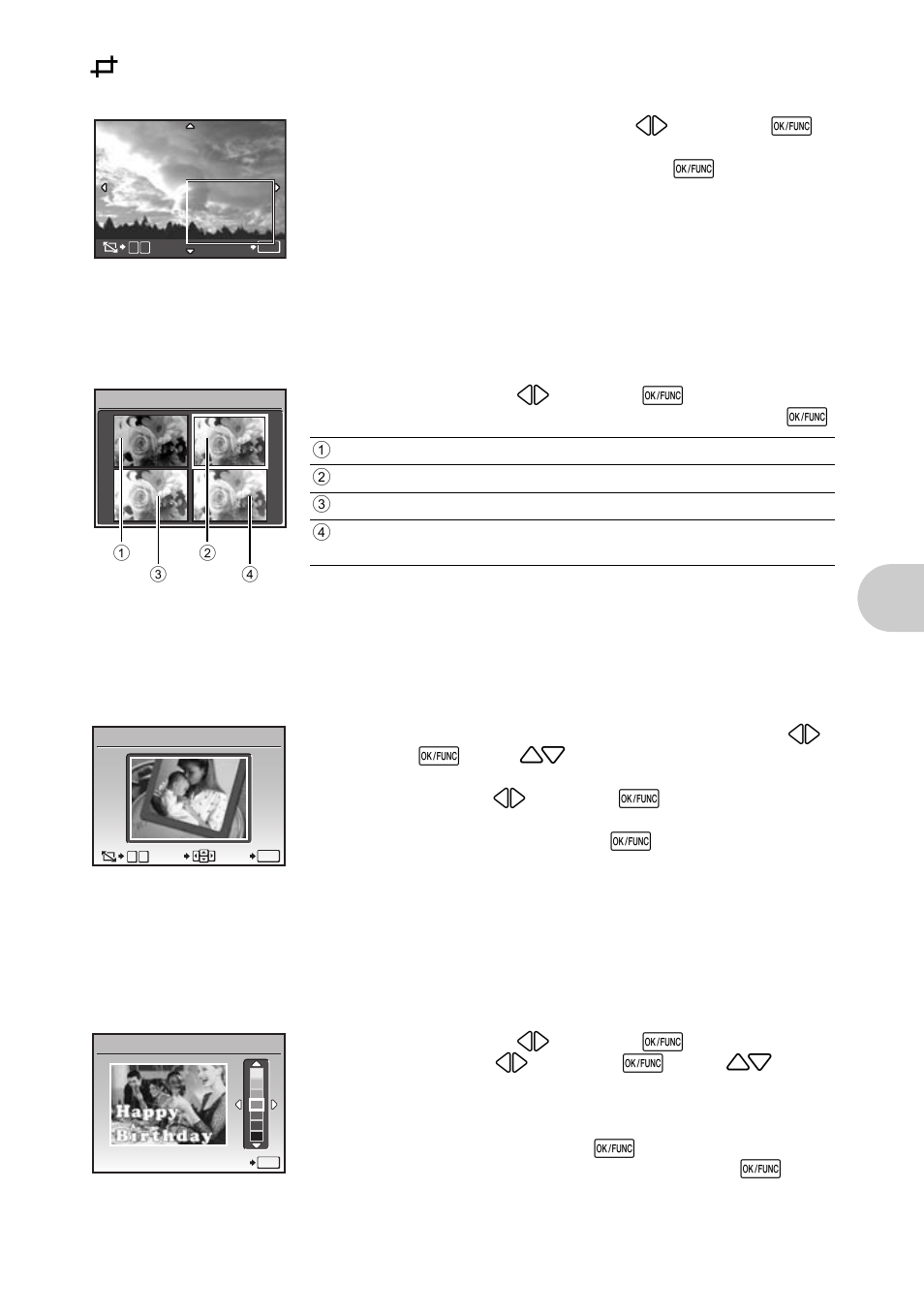 Cropping a part of pictures, Changing the color of pictures, Adding frames to pictures | Add a label to your picture, Men u operat ions | Olympus 1020 User Manual | Page 31 / 78