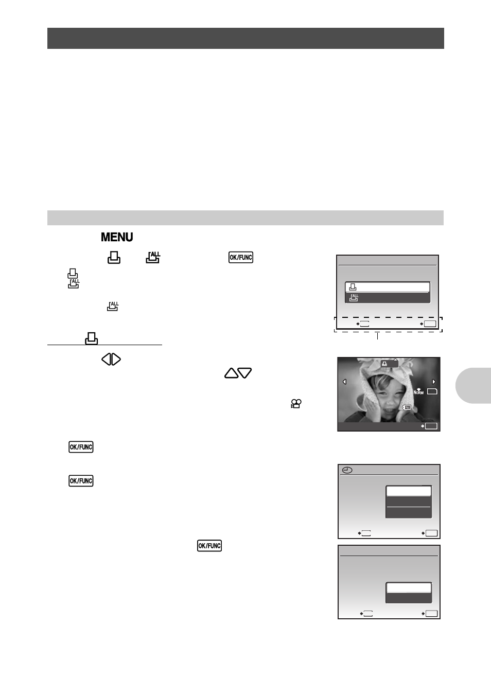 Print settings (dpof), Making a print reservation, G“print settings (dpof)” (p.43) | Pri nt ing p ict ures, Press m in playback mode and select [print order, Select [ p ] or [ u ], and press e, When [ p ] is selected, When you finish making print reservations, press e, Select [set], and press e | Olympus 1020 User Manual | Page 43 / 78