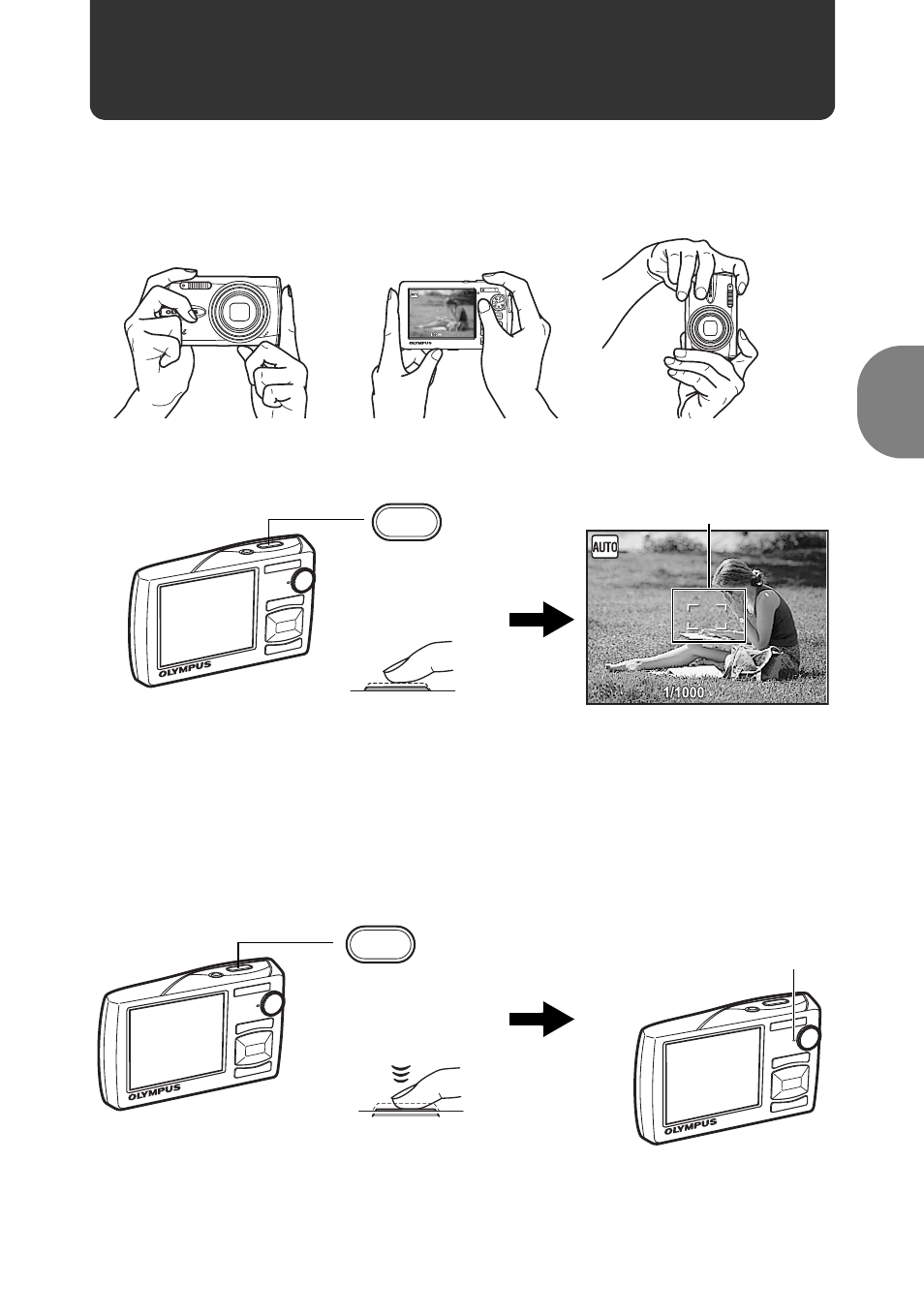 9take a picture, A. hold the camera. c. shoot, B. focus | Quic k sta rt guid e | Olympus 1020 User Manual | Page 9 / 78