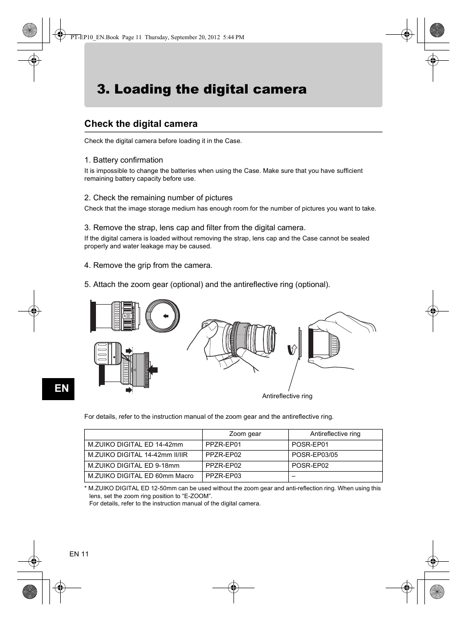 Loading the digital camera, Check the digital camera | Olympus PT-EP10 User Manual | Page 12 / 24