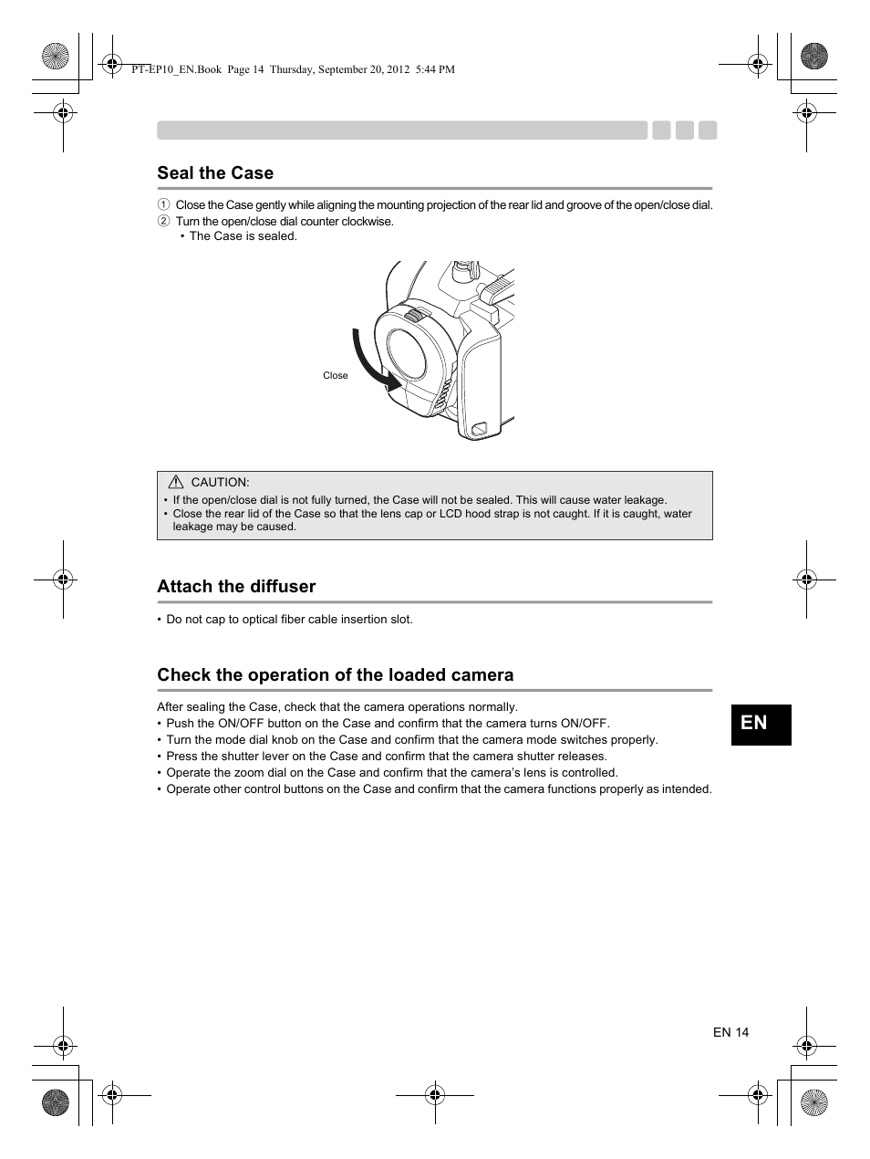 Seal the case, Attach the diffuser, Check the operation of the loaded camera | Olympus PT-EP10 User Manual | Page 15 / 24