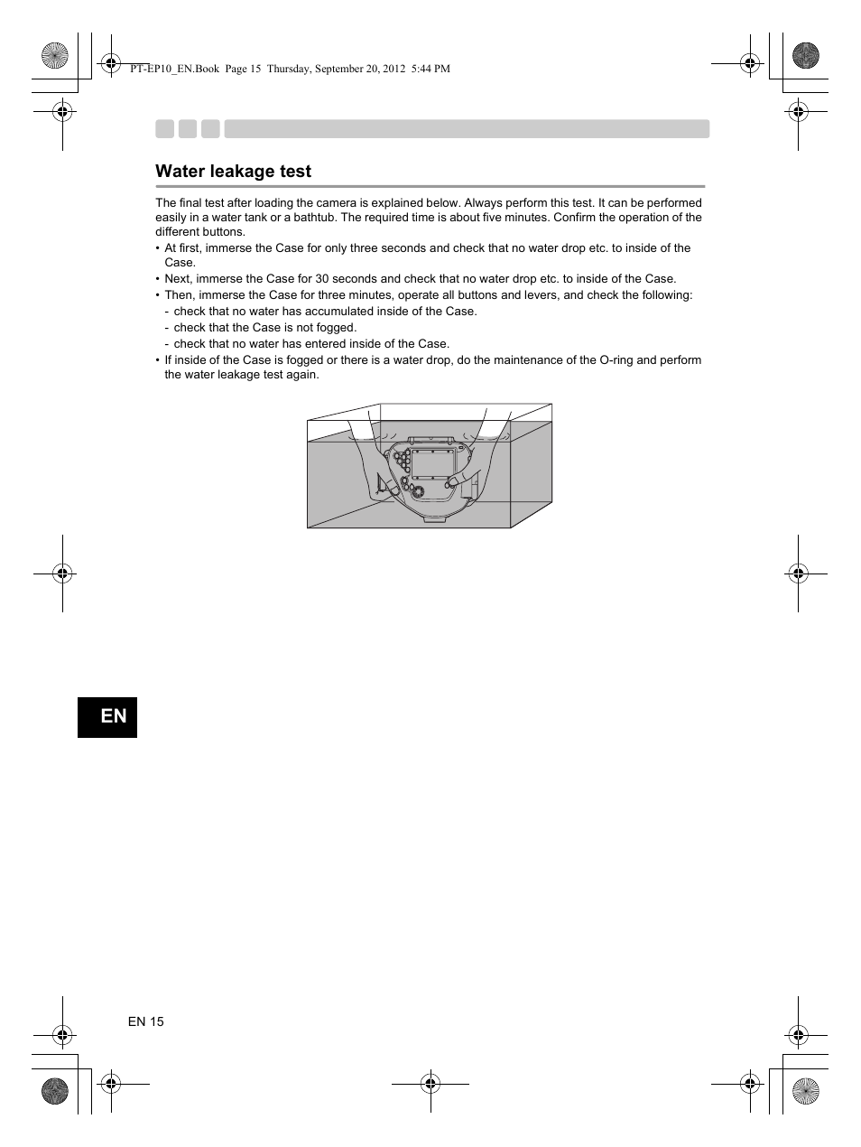 Water leakage test | Olympus PT-EP10 User Manual | Page 16 / 24