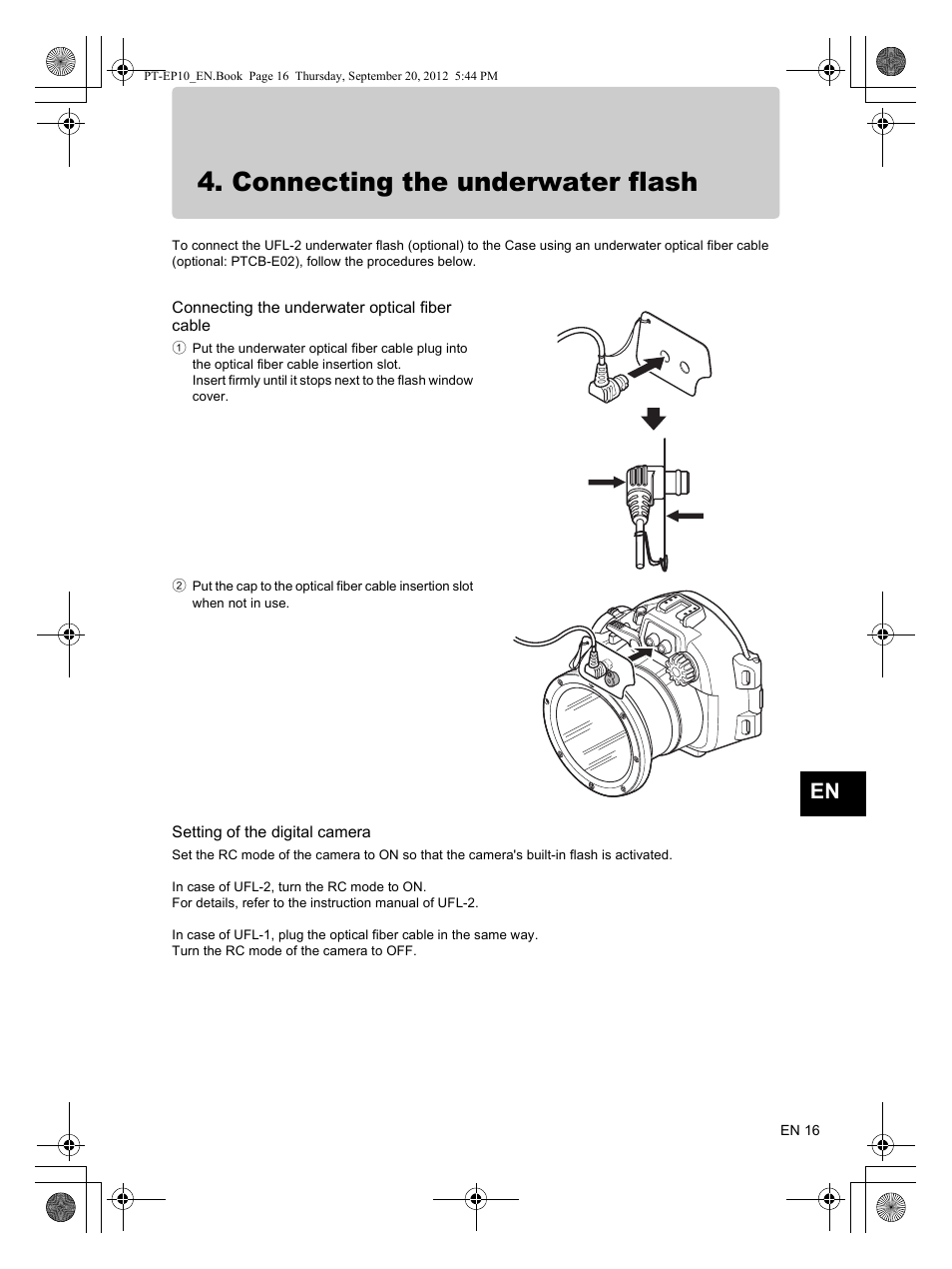 Connecting the underwater flash | Olympus PT-EP10 User Manual | Page 17 / 24