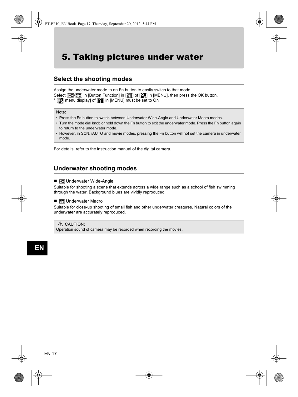 Taking pictures under water, Select the shooting modes, Underwater shooting modes | Olympus PT-EP10 User Manual | Page 18 / 24