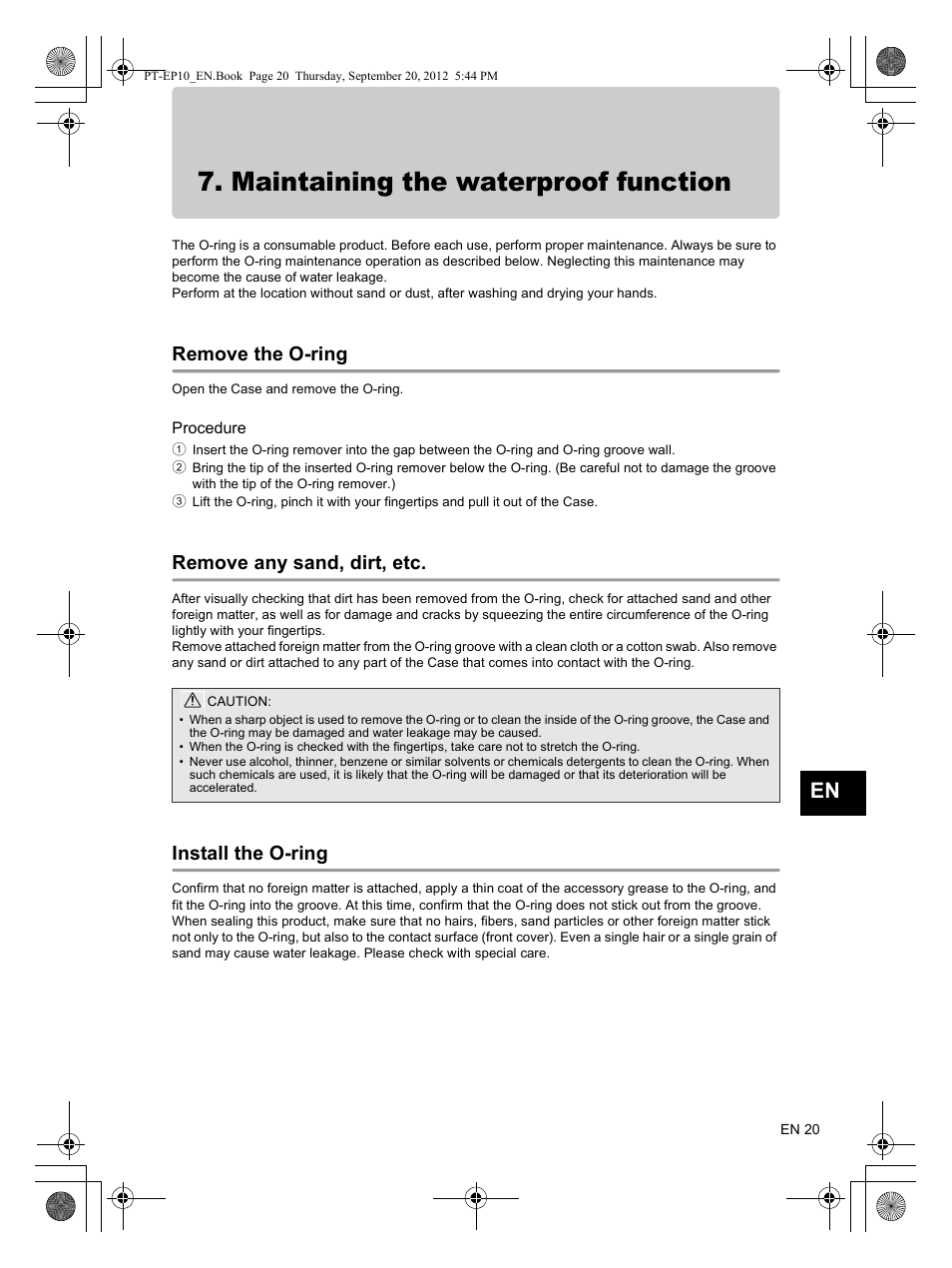 Maintaining the waterproof function, Remove the o-ring, Remove any sand, dirt, etc | Install the o-ring | Olympus PT-EP10 User Manual | Page 21 / 24